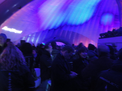 Balloon tent interior with blue lights